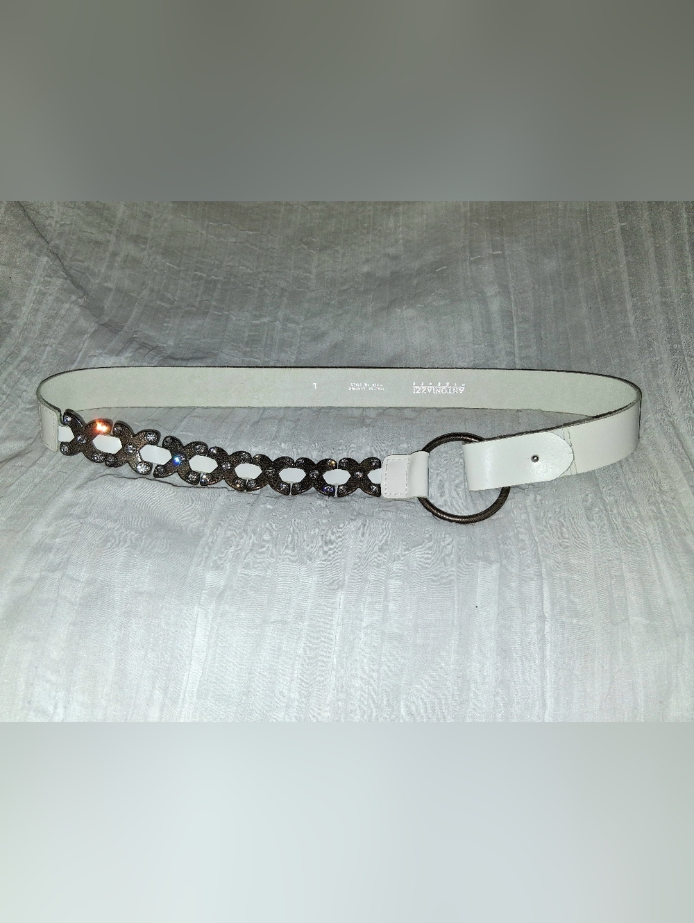 White Leather Waist Belt with Chain-Link Crystal Detail